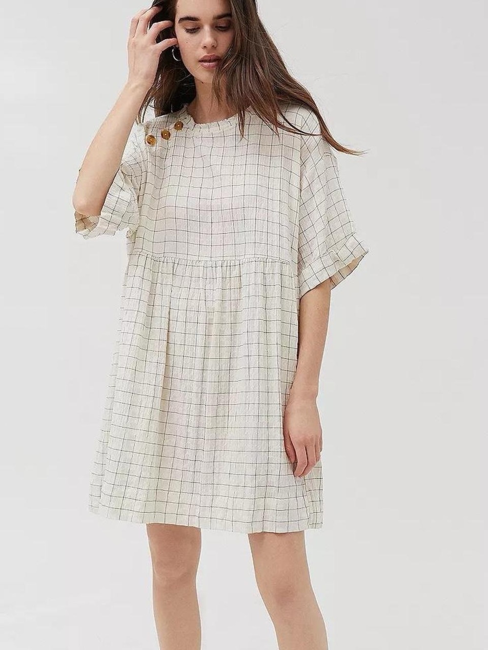 Urban Outfitters Cream Check Smock Dress with Button Detail
